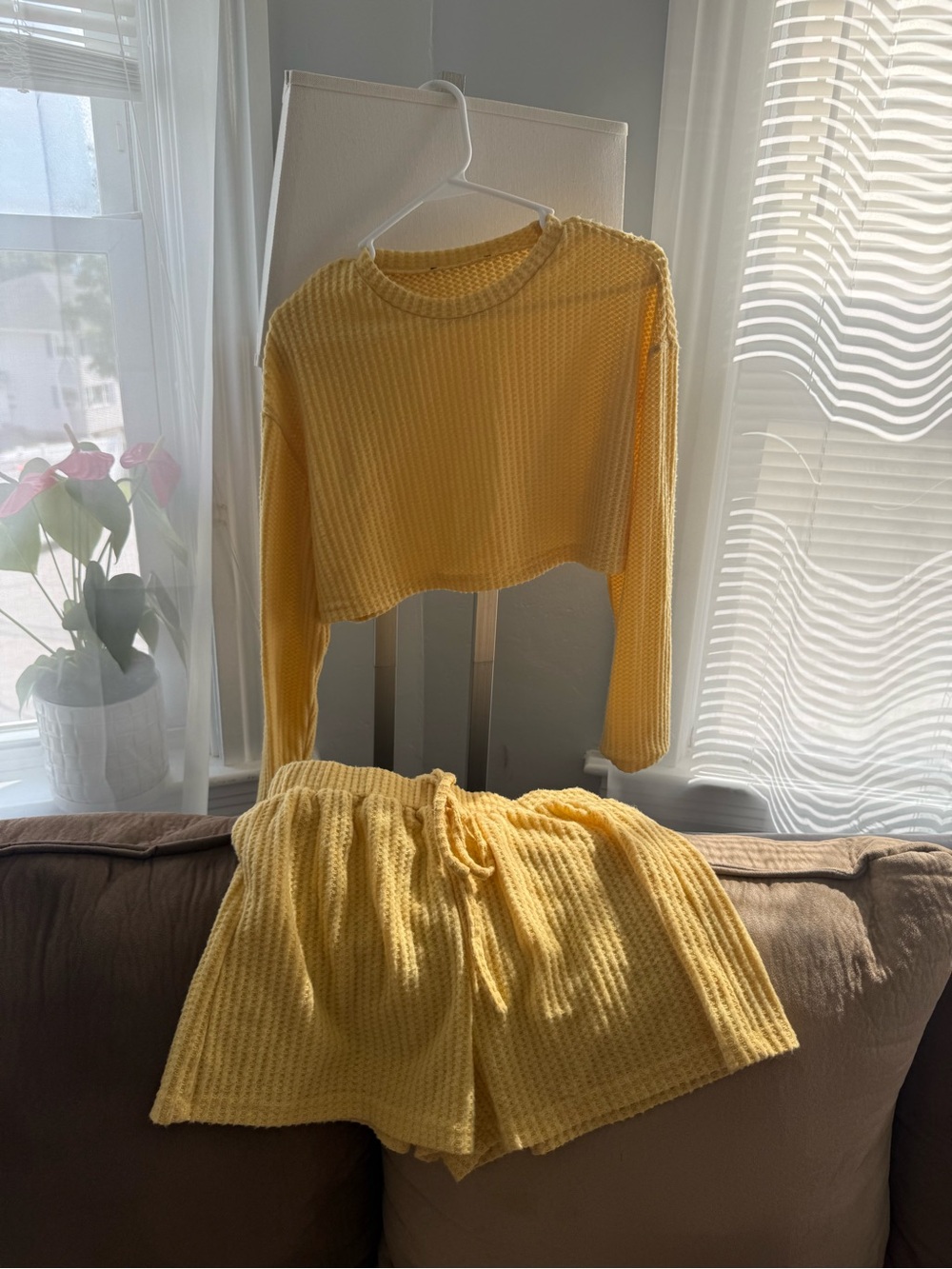 Yellow Waffle-Knit Lounge Set - Crop Top & Shorts